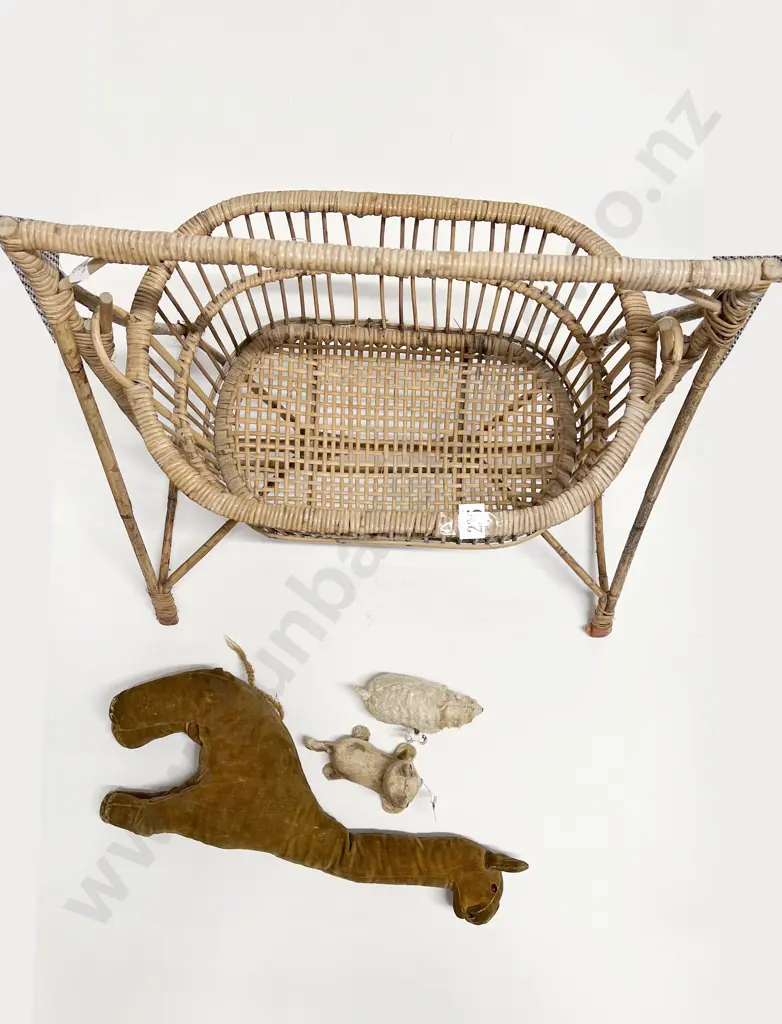 Two Vintage Clockwork Toys and Cane Dolls Cradle Image 1++