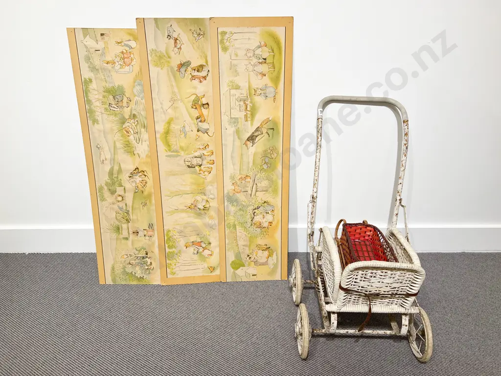 Vintage Woven Cane Dolls Push Chair (af) and Three Peter Rabbit Nursery Frieze Panels Image 1++