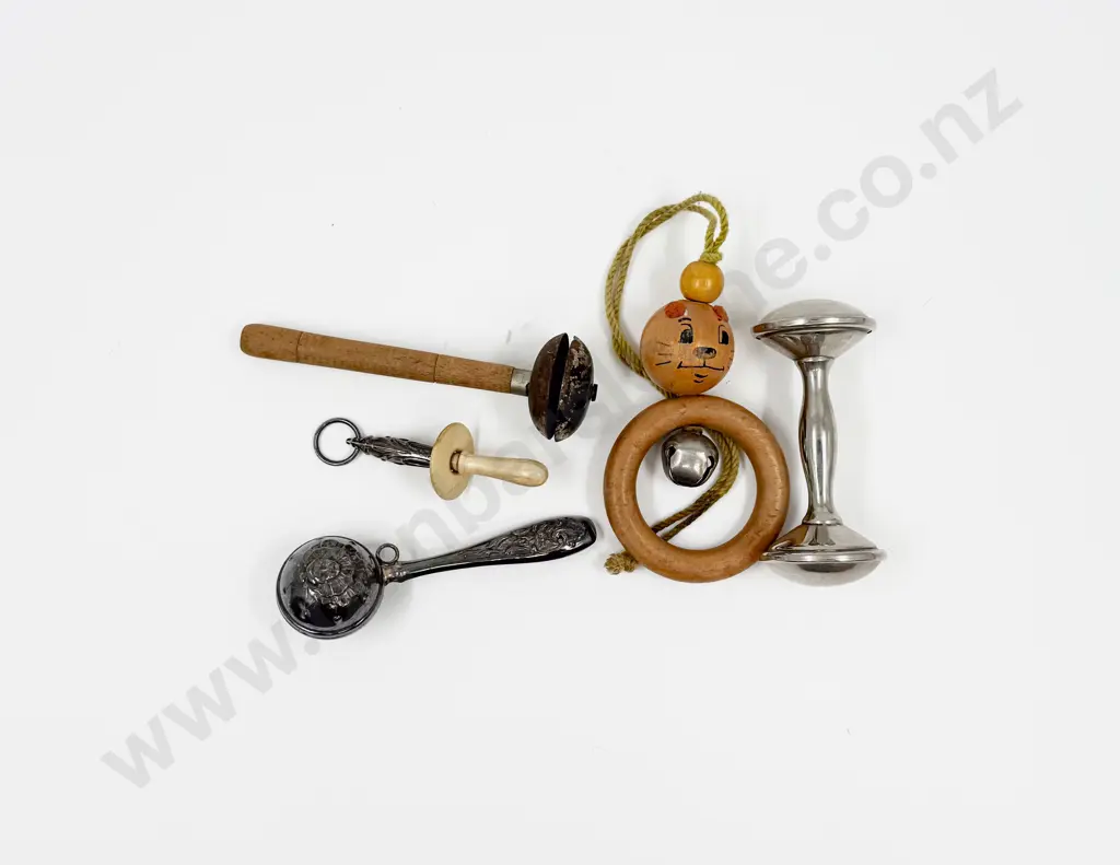 Collection Five Vintage Baby Rattles in Small Leather Case Image 1++