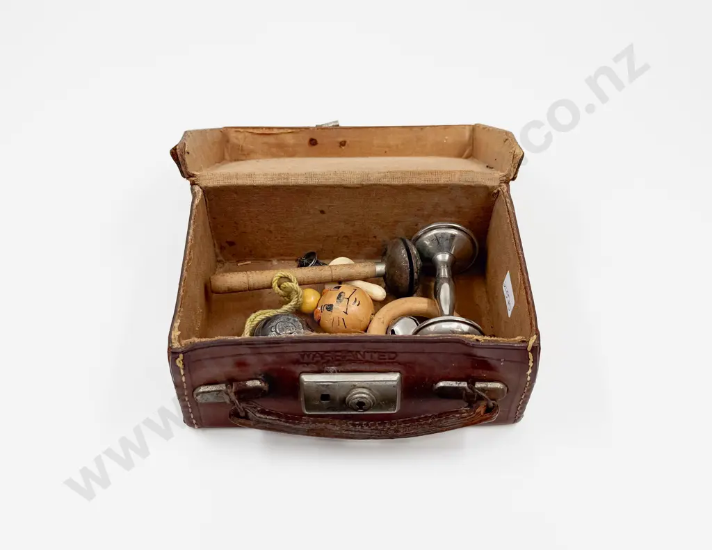 Collection Five Vintage Baby Rattles in Small Leather Case Image 1++