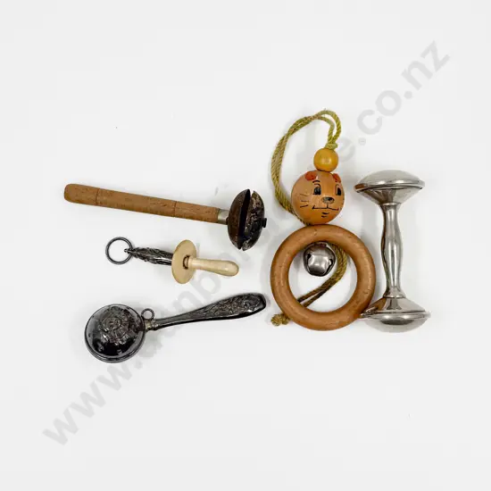 Collection Five Vintage Baby Rattles in Small Leather Case