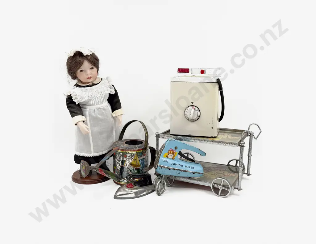 New Bisque Doll dressed as Maid with Trolley and three tinplate toys Image 1++