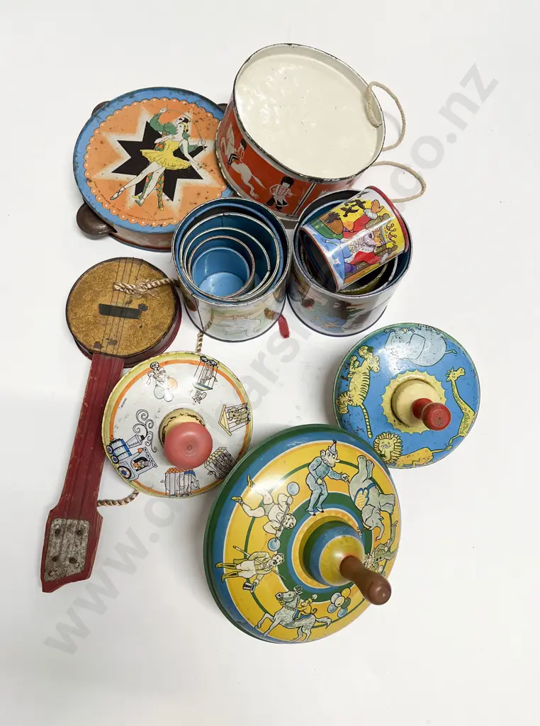 Collection Vintage Tinplate Spinning Tops Stacking Buckets and Various Image 1++