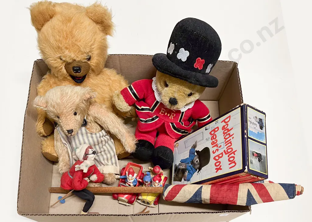 Three Teddy Bears Paddington Books Noddy Vehicles Union Jack Flag and Doll Image 1++