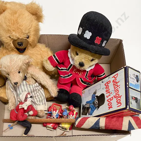 Three Teddy Bears Paddington Books Noddy Vehicles Union Jack Flag and Doll