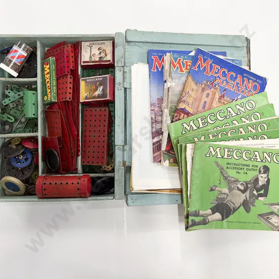 Vintage Wooden Box with Small Qty Meccano instruction booklets and magazines