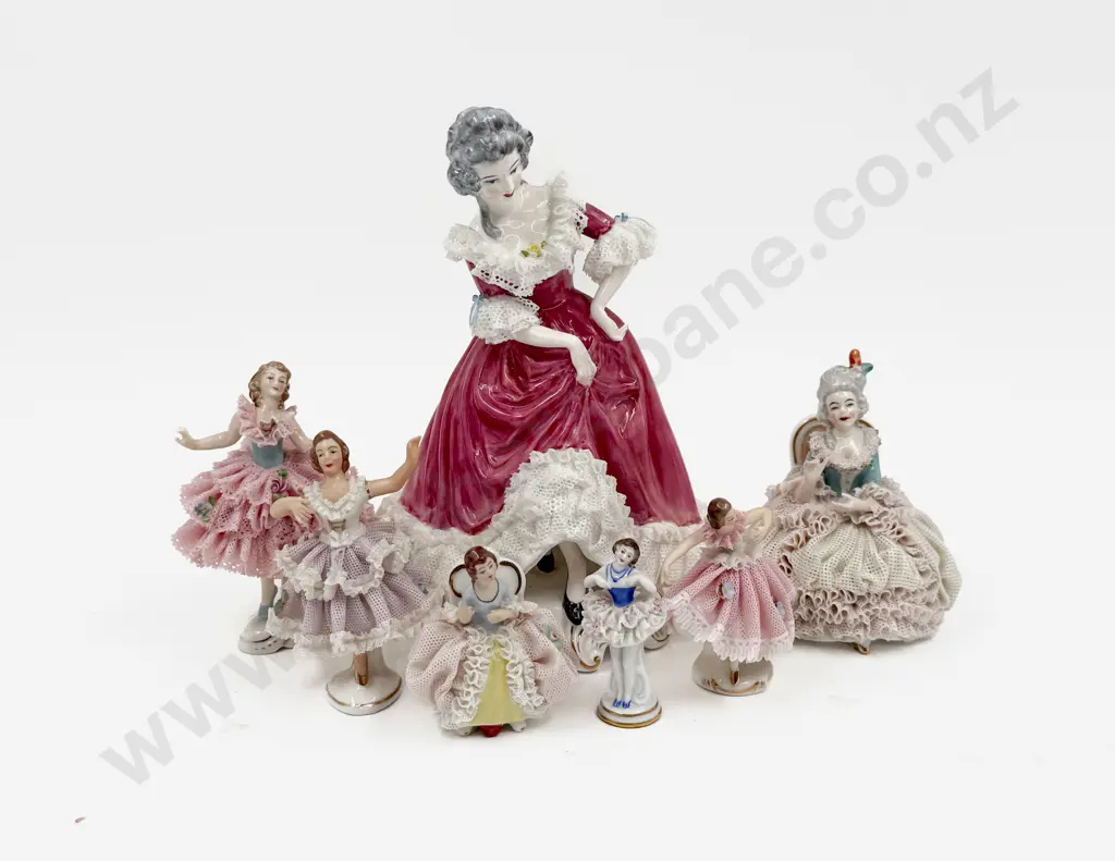 Staffordshire China Lace Figure "Annette" Together with Six Dresden Figures Image 1++