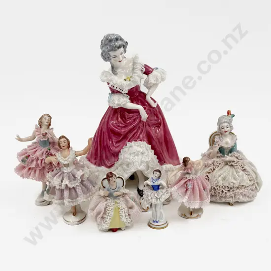 Staffordshire China Lace Figure "Annette" Together with Six Dresden Figures