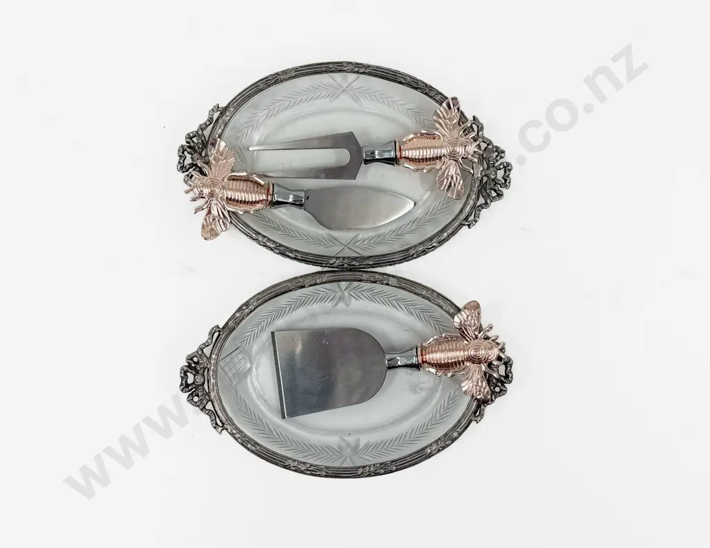 Pair of Small Glass Oval Dishes together with Three Piece Cheese Set Image 1++