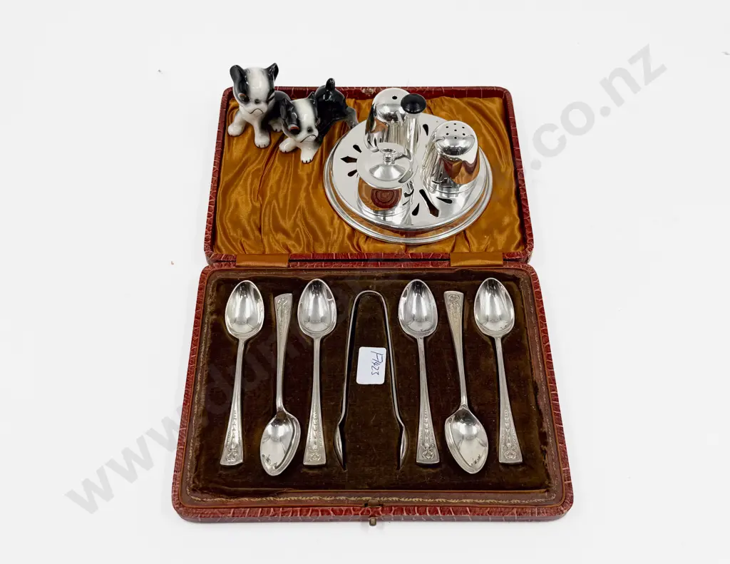 S/P Cased Teaspoon Set together with Cruet and Two Dog Ornaments Image 1++