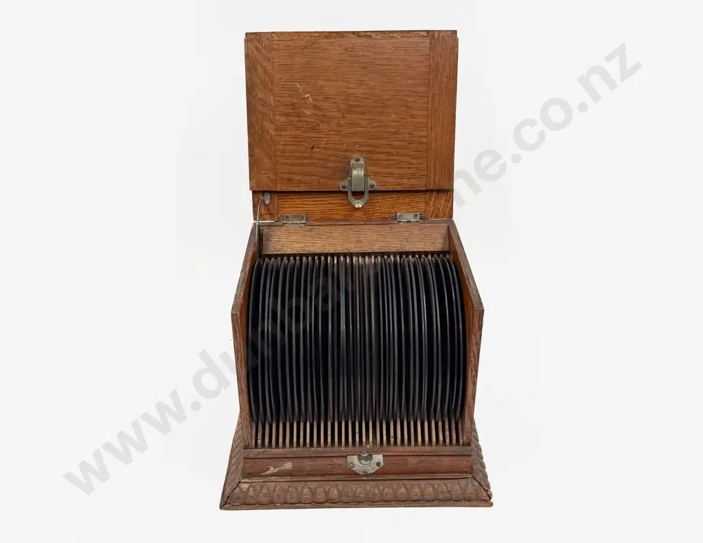Vintage Oak "45" Record Case and Assorted Records Image 1++