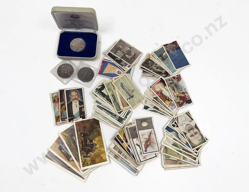 NZ Hawkes Bay Savings Bank 1969 Cook Bi-Centenary Medallion and Two Bronze with Cig Cards Image 1++