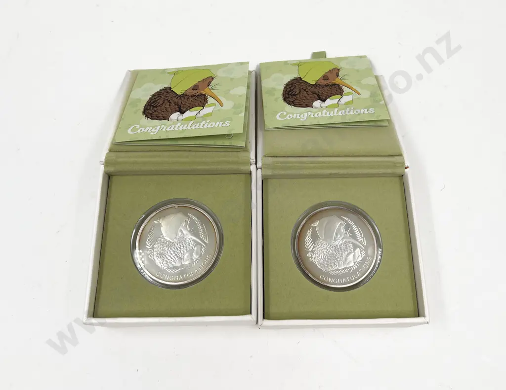 NZ Congratulations New Born Baby Silver Plate Proof Medallion x2 Image 1++
