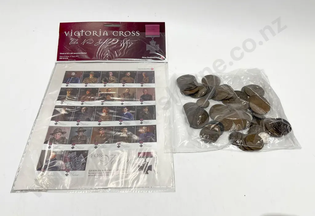 NZ Victoria Cross Stamp Pack with Pocket Change & Half Cartwheel Penny Image 1++