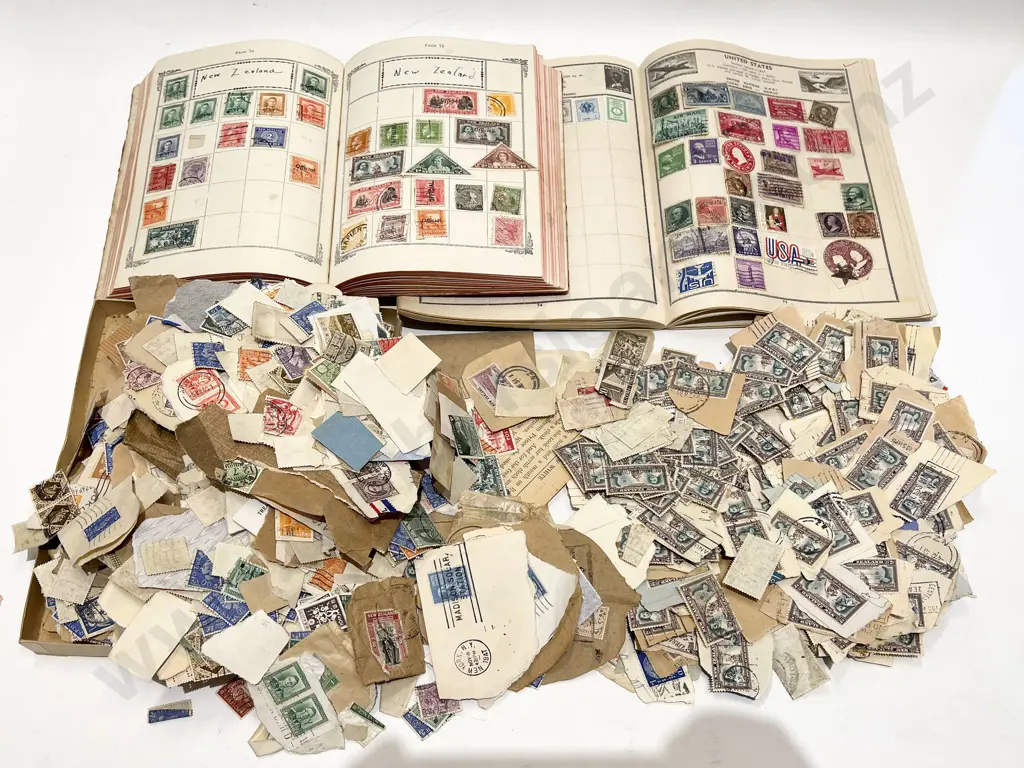 Two Small Vintage Stamp Albums and Unsorted Loose Stamps Image 1++