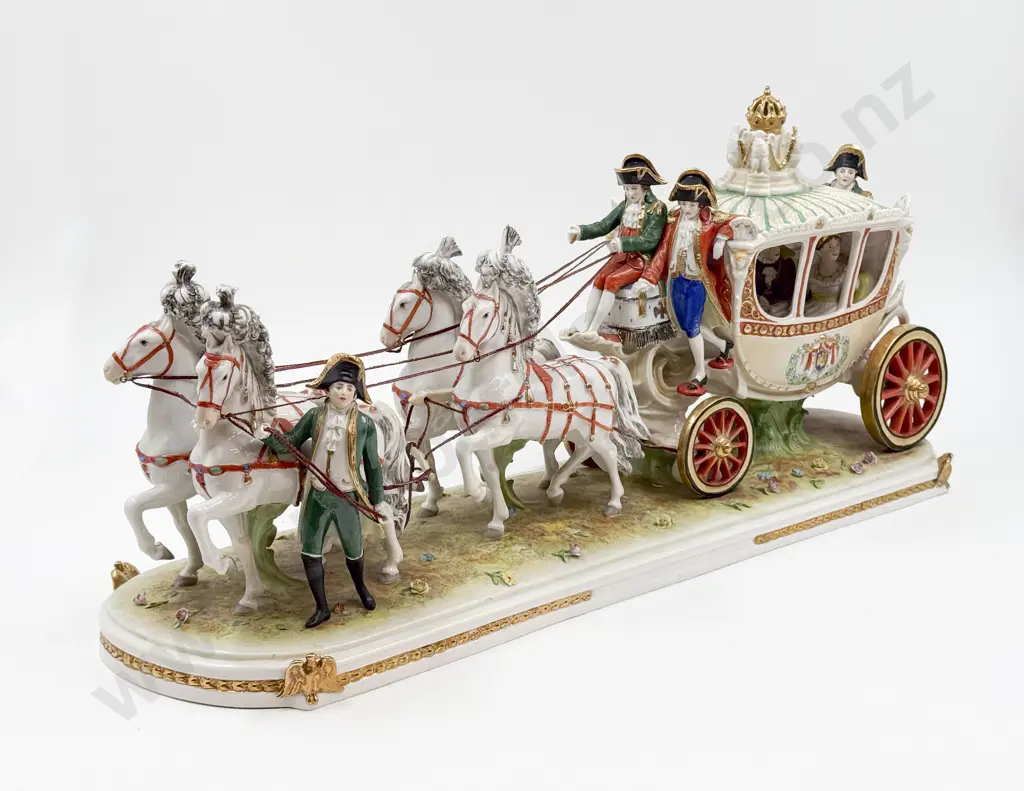 Large German Dresden Porcelain Horse and Carriage Figure Group in Mahogany Glazed Case Image 1++