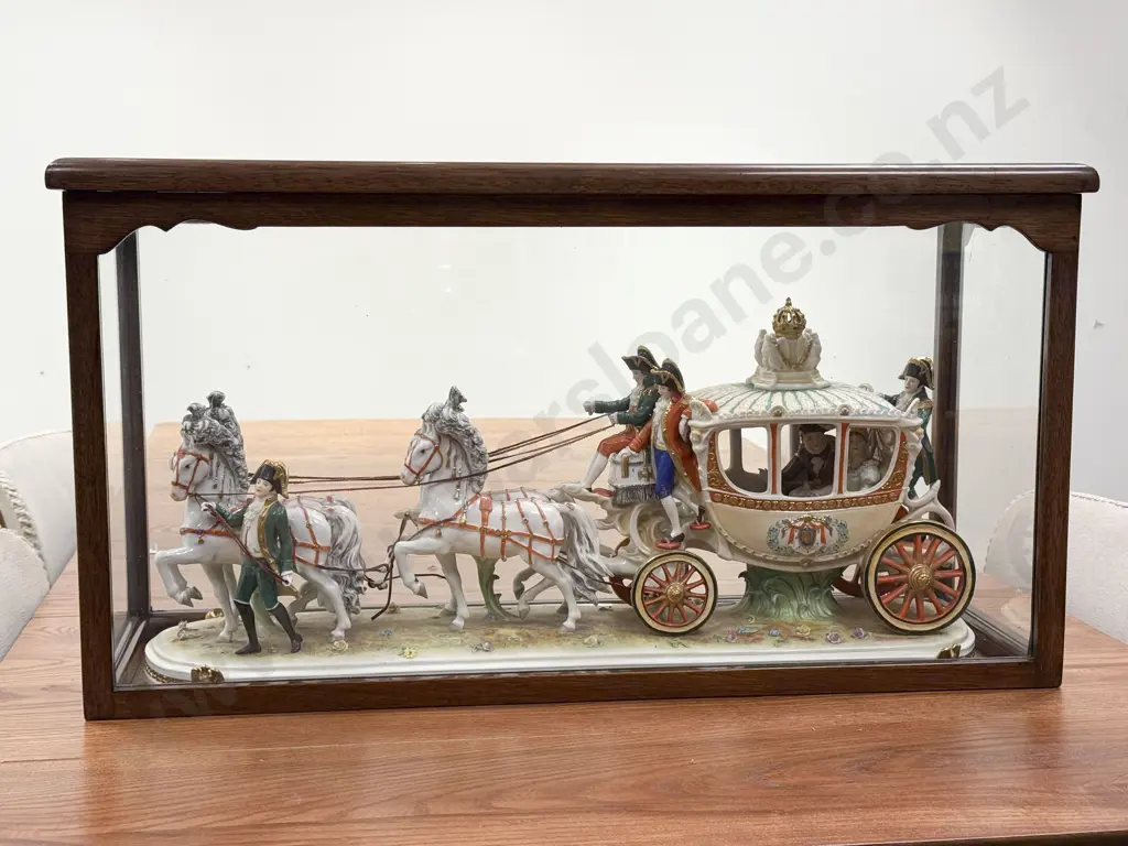 Large German Dresden Porcelain Horse and Carriage Figure Group in Mahogany Glazed Case Image 1++