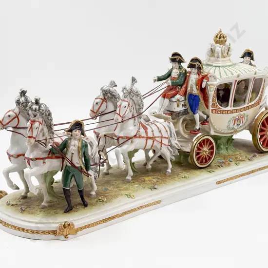 Large German Dresden Porcelain Horse and Carriage Figure Group in Mahogany Glazed Case