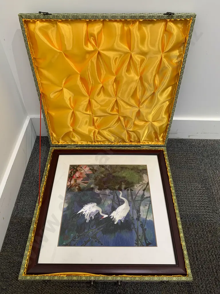 Framed Chinese Silk Artwork of Cranes in Presentation Box Image 1++