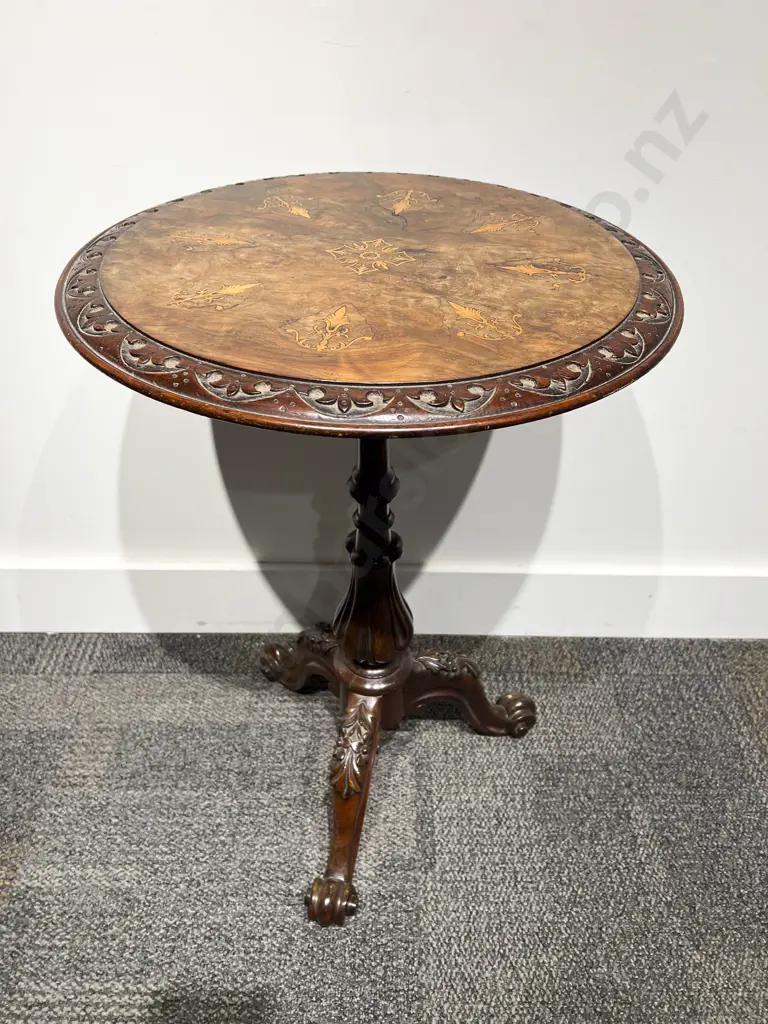 Attractive Victorian Walnut and Marquetry Tripod Wine Table Image 1++