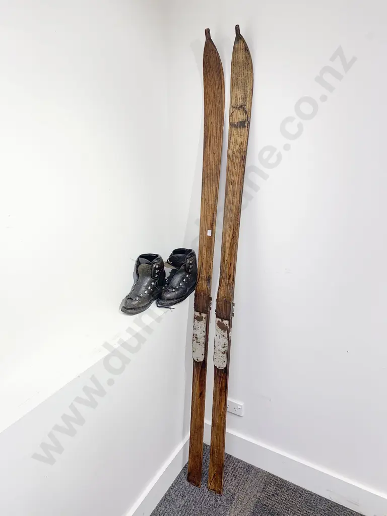 Pair of Vintage Wooden Ski's and Ski Boots Image 1++
