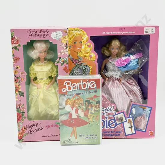 C1986 Barbie Jewel Secrets and Barbie Rockin' VHS with Tanja Comtessa Doll MIB