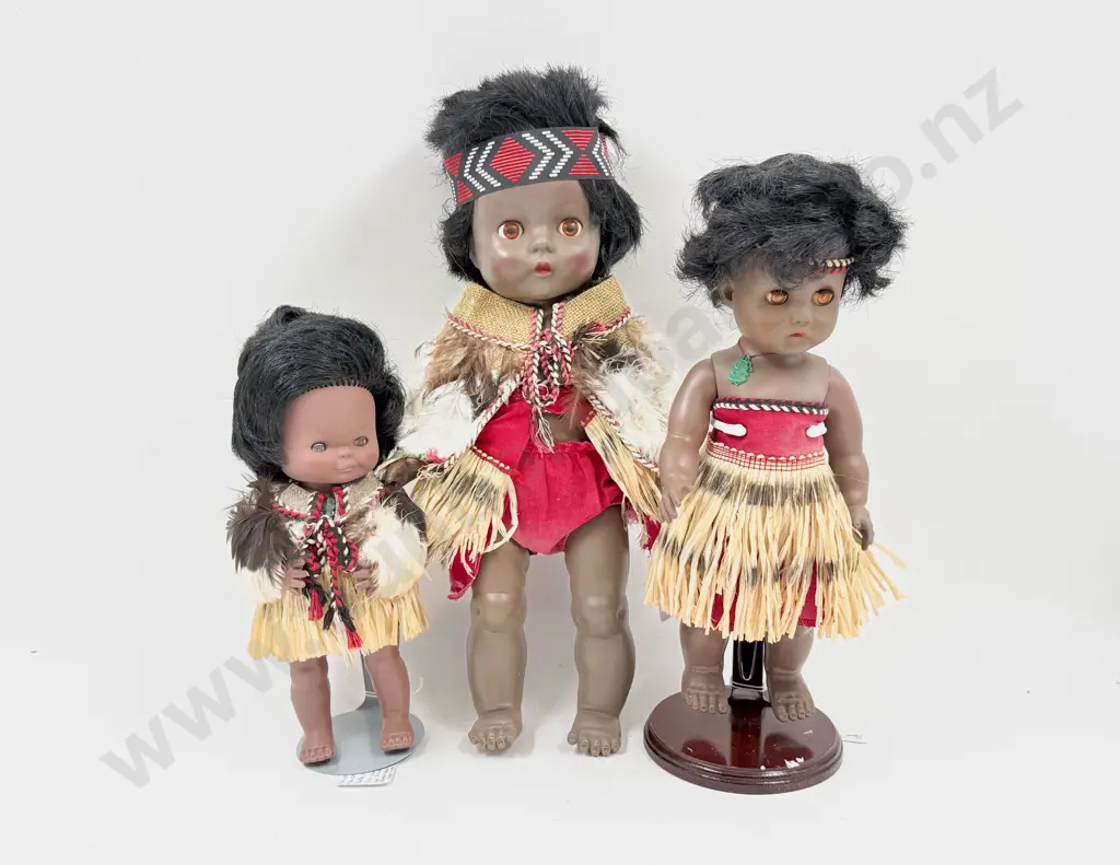 Three Vintage Pedigree Soft Plastic Maori Costume Dolls 39cm - 24cm Image 1++