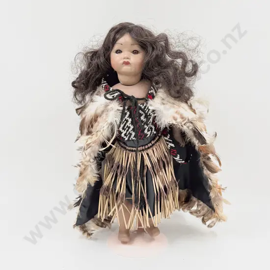 New All Bisque Maori Costume Doll By Jean Cree Whangarei with full feather cloak 40cm