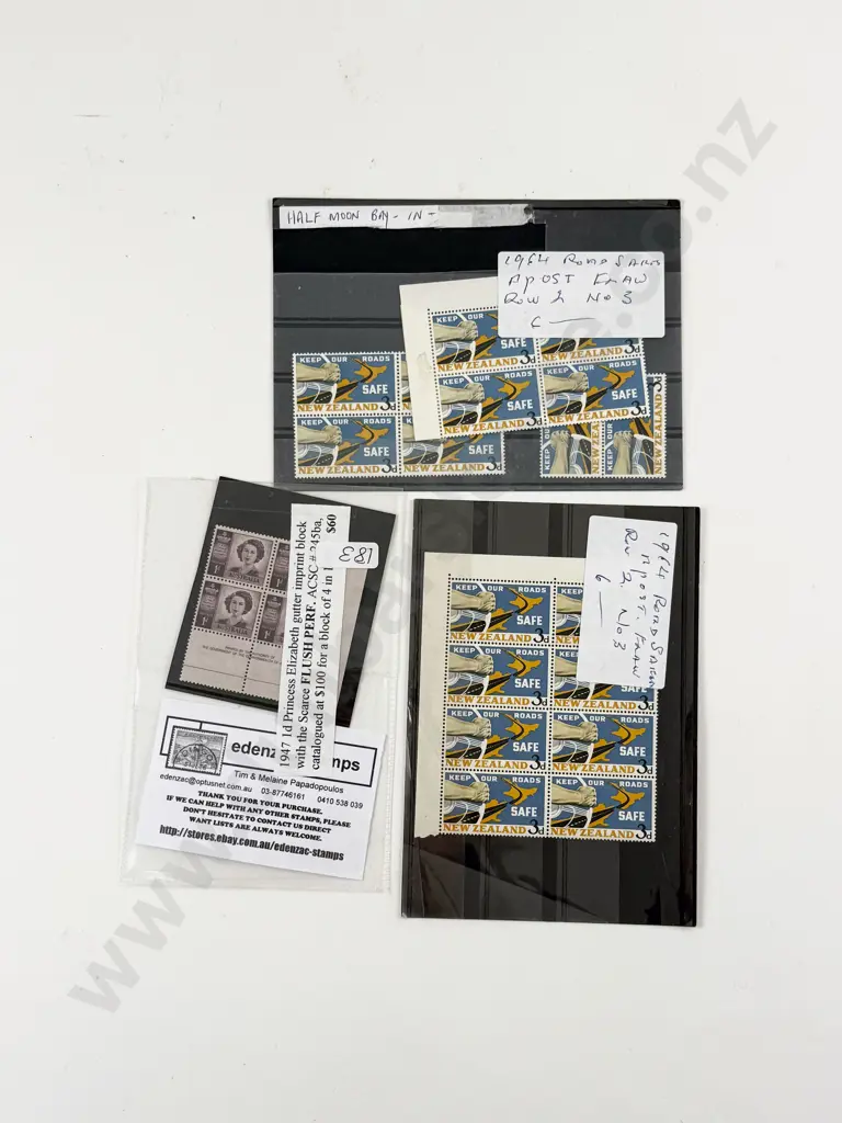 NZ 1964 Road Safety Flaw Block x2 and Australia 1947 1d Princess Elizabeth Flaw Block Image 1++