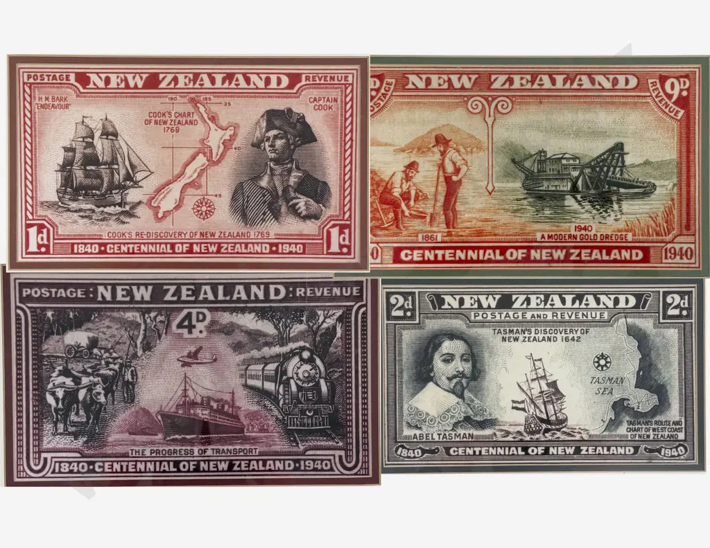 NZ Four Framed Stamp Art Prints and Stamps 1940 Centennial Image 1++