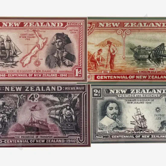 NZ Four Framed Stamp Art Prints and Stamps 1940 Centennial