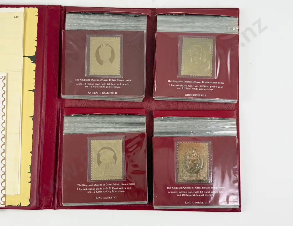 C1982-86 Stamp Collection 'The Kings & Queens of Great Britain' 22k Gold Foil Staffa Stamps Image 1++