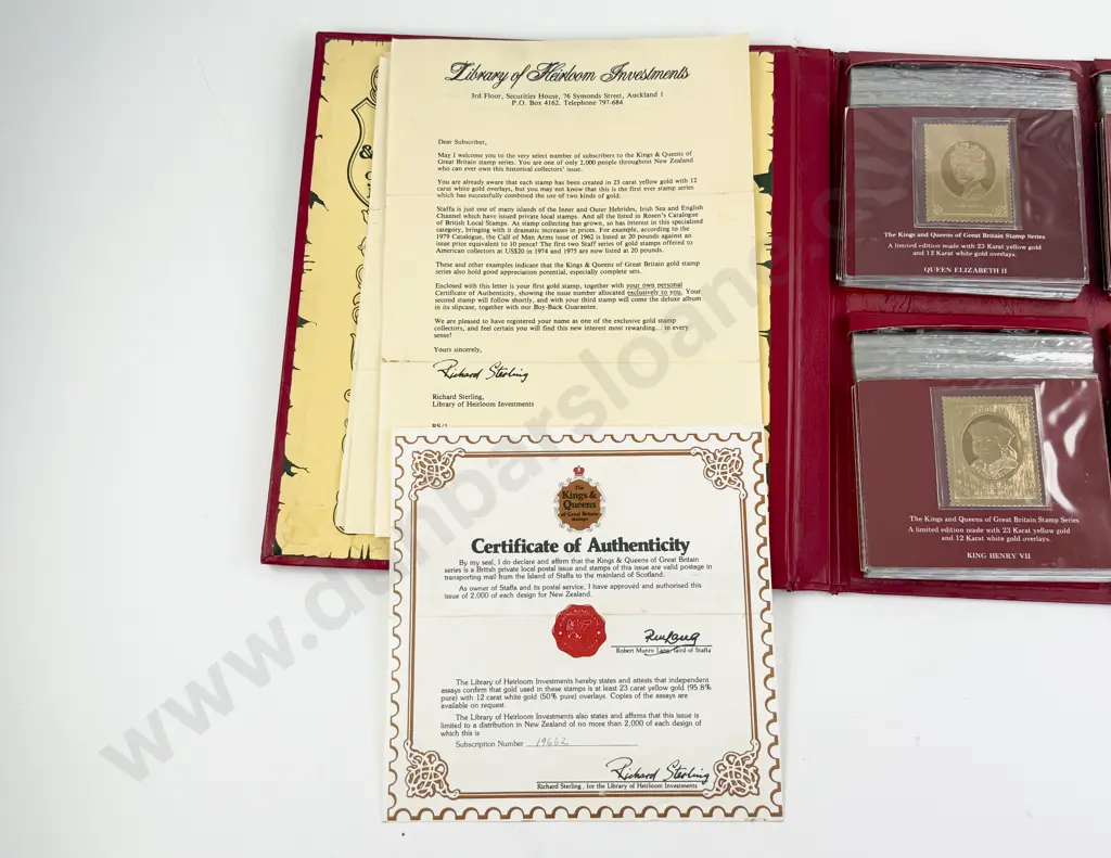 C1982-86 Stamp Collection 'The Kings & Queens of Great Britain' 22k Gold Foil Staffa Stamps Image 1++