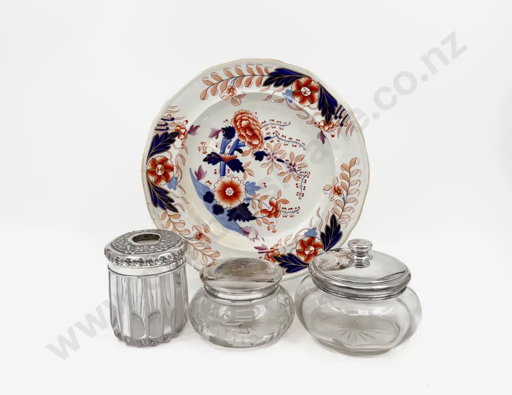 Three Glass Dresser Jars with Decorative Plate Image 1++