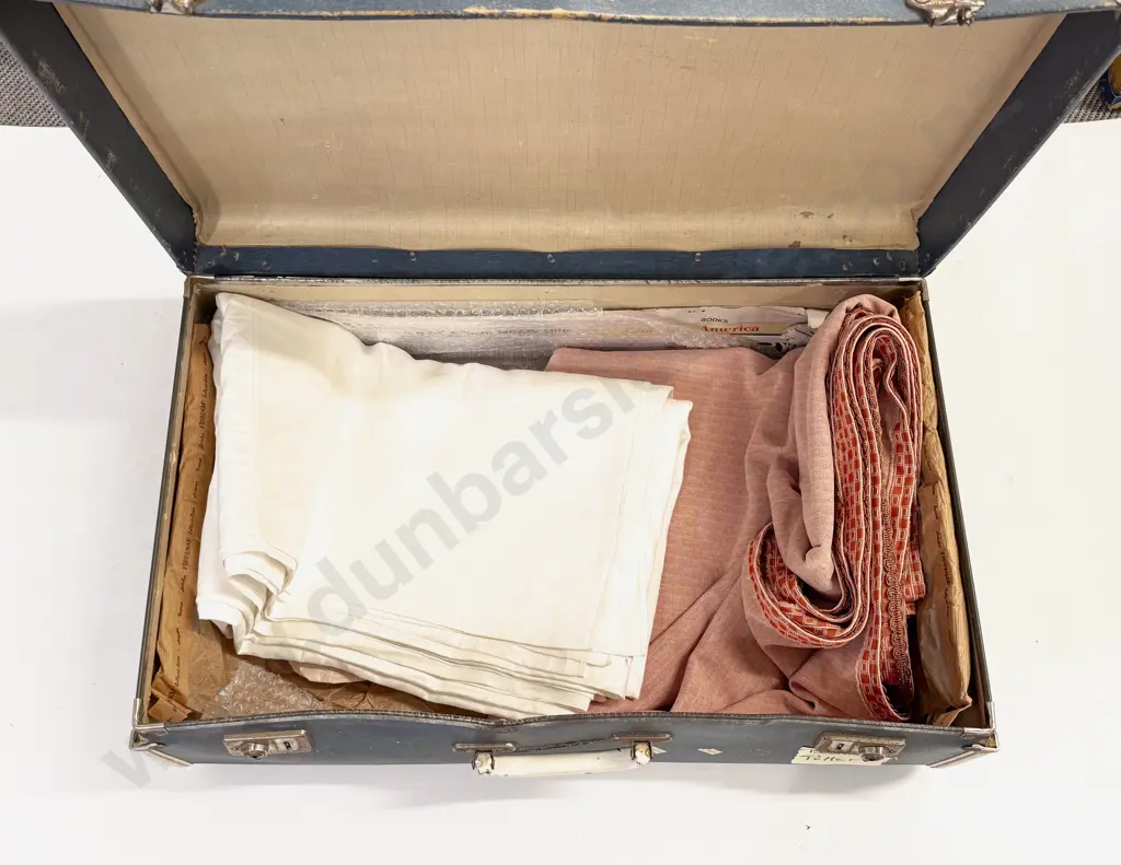 Vintage Suitcase with Large Damask Linen Table Cloth and Other Image 1++