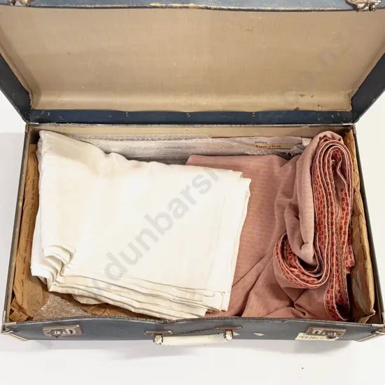 Vintage Suitcase with Large Damask Linen Table Cloth and Other