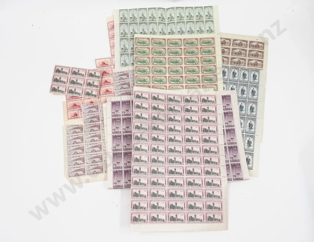 NZ Full Sheets 1948 Otago Centennial 1d 2d 3d 6d and Canterbury Centennials 1d 2d 3d 6d Part Sheets Image 1++
