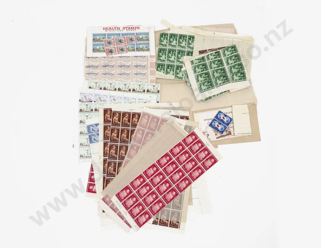 NZ 1952 Health Stamps 1d 2d Part Sheets and Blocks with Assorted Blocks and Singles Image 1++