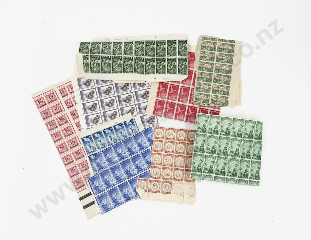 NZ Full Sheet 1950 Sovereigns Provisional with Blocks and Various Health and 5c Francis Hodgkin Part Sheet Image 1++