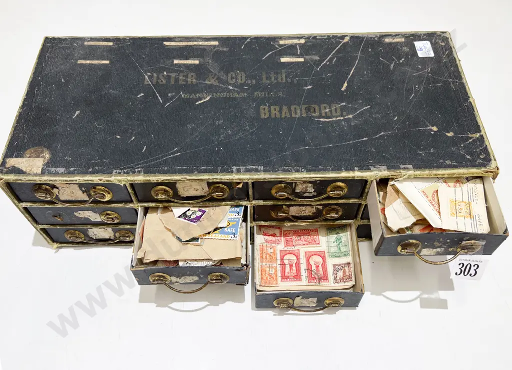 Vintage Card 12 Drawer Box with Loose Un-sorted Mainly NZ and UK Vintage Stamps Image 1++