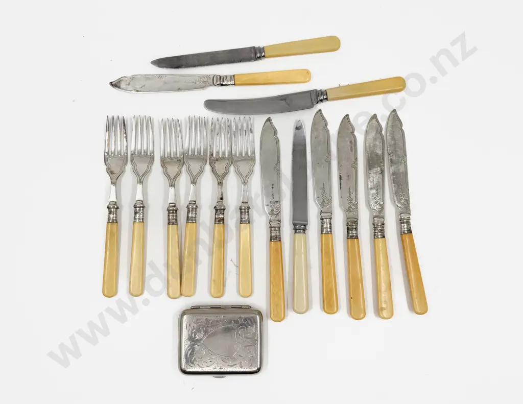 Boxed Assortment of S/Plate 'Bone' Handled Cutlery & Cigarette Case Image 1++