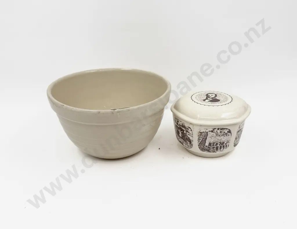 Crown Lynn Mixing Bowl & Commemorative Ceramco 50th Anniversary Lidded Trinket Jar Image 1++