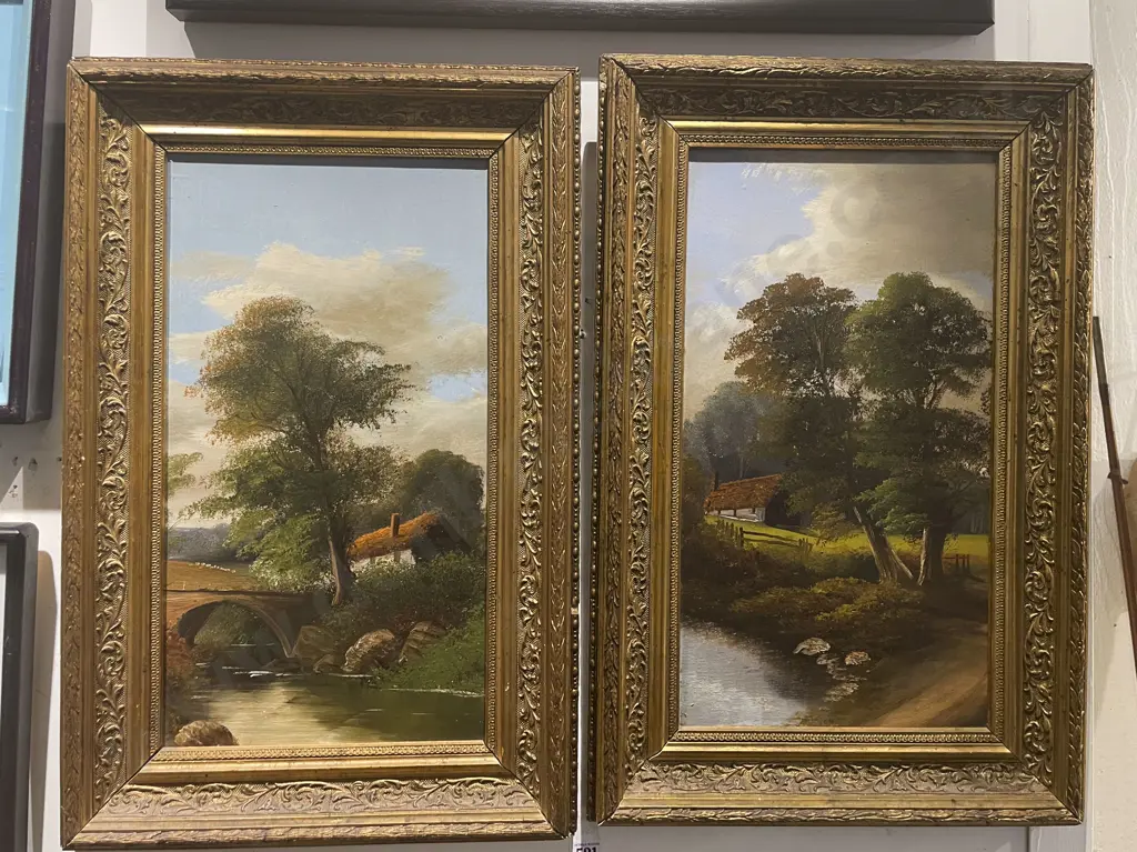 Pair of Gilt Framed English Oil on board Rural Scenes Image 1++