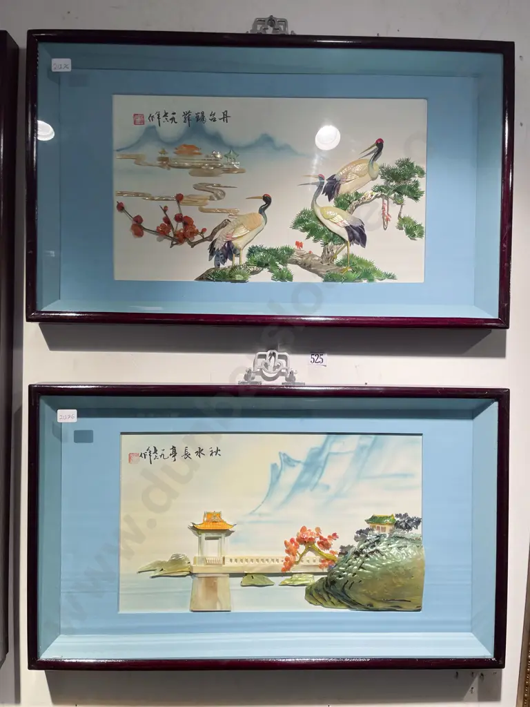 Pair of Framed Chinese Mixed Media Artworks Image 1++