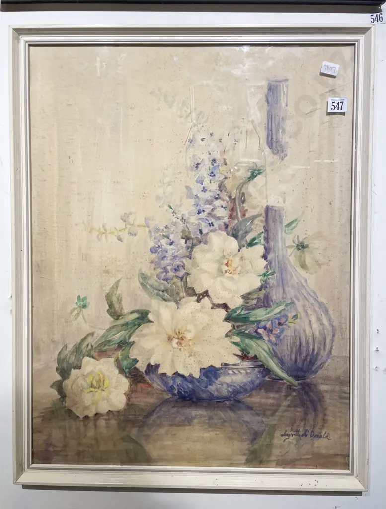 Indistinctly Signed - "Still Life with Vase & Flowers" - Watercolour Image 1++