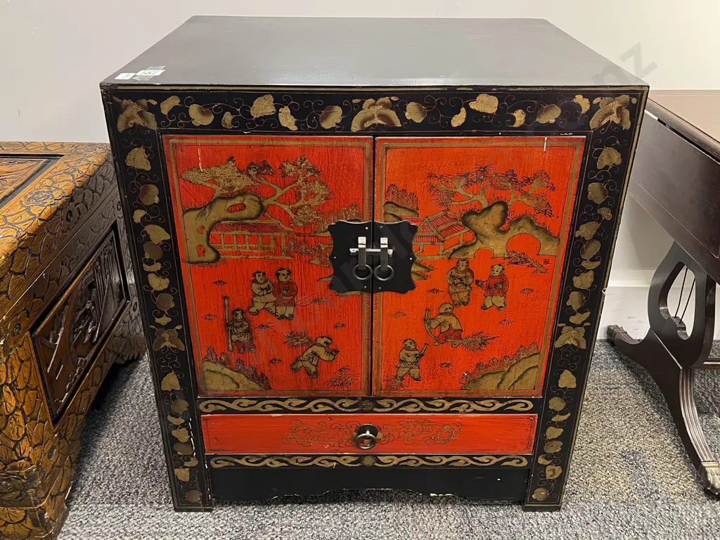 Chinese Black and Red Lacquered Side Cabinet Image 1++