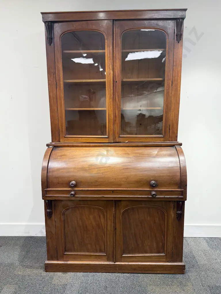 Victorian Mahogany Cylinder Top Bureau Bookcase Image 1++
