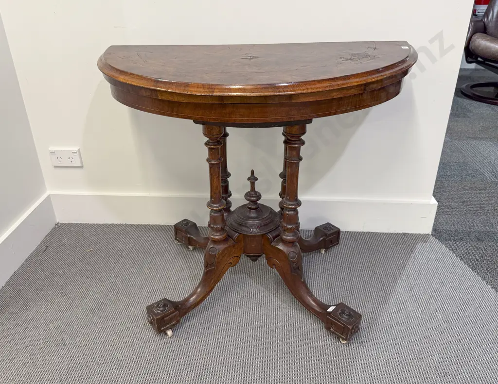 Victorian Burr Walnut & Marquetry D Shaped Fold Over Card Table Image 1++