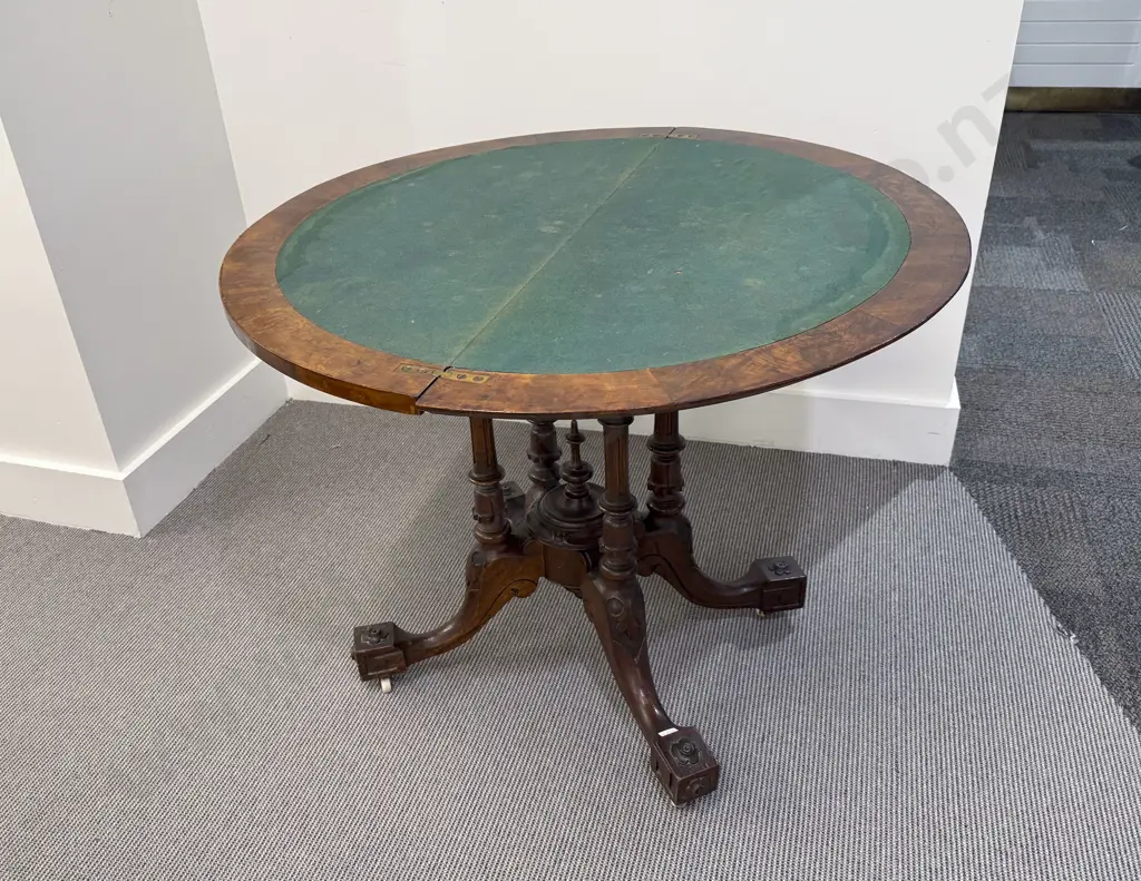Victorian Burr Walnut & Marquetry D Shaped Fold Over Card Table Image 1++