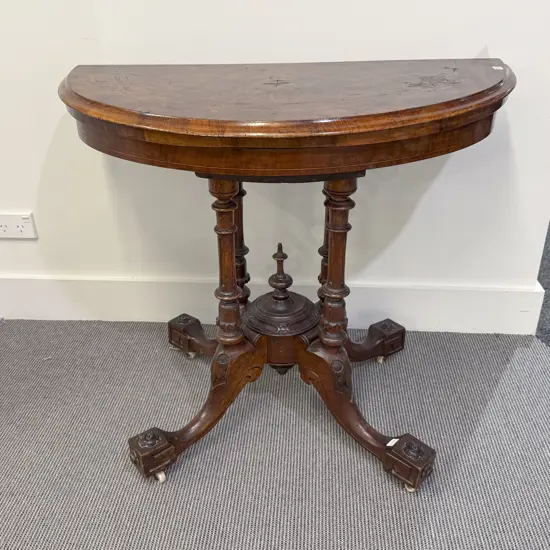 Victorian Burr Walnut & Marquetry D Shaped Fold Over Card Table